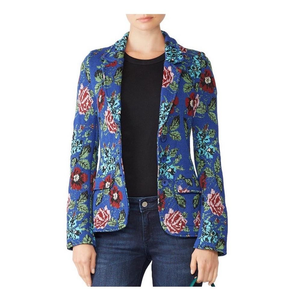 aldomartins Intarsia Cardigan Blue Floral Blazer Jacket 10 WOOL Blend SPAIN MADE